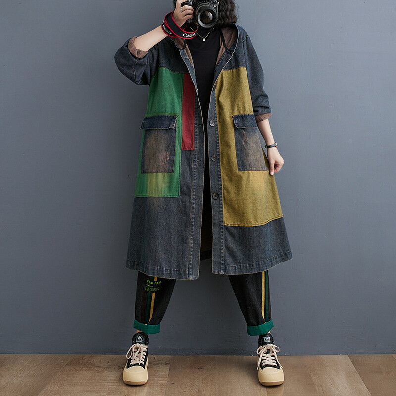 【巴黎精品】牛仔外套丹寧夾克-連帽復古拼色長款女外套a1jc34