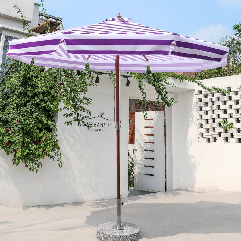中柱木傘紫色數碼印條紋遮陽傘戶外庭院傘花園咖啡廳奶茶店太陽傘