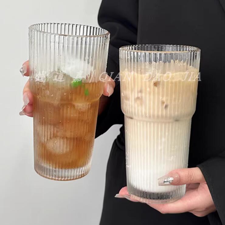 大容量吸管杯帶蓋豎條紋咖啡杯飲料果汁杯高顏值女家用奶茶玻璃杯【繁星小鎮】