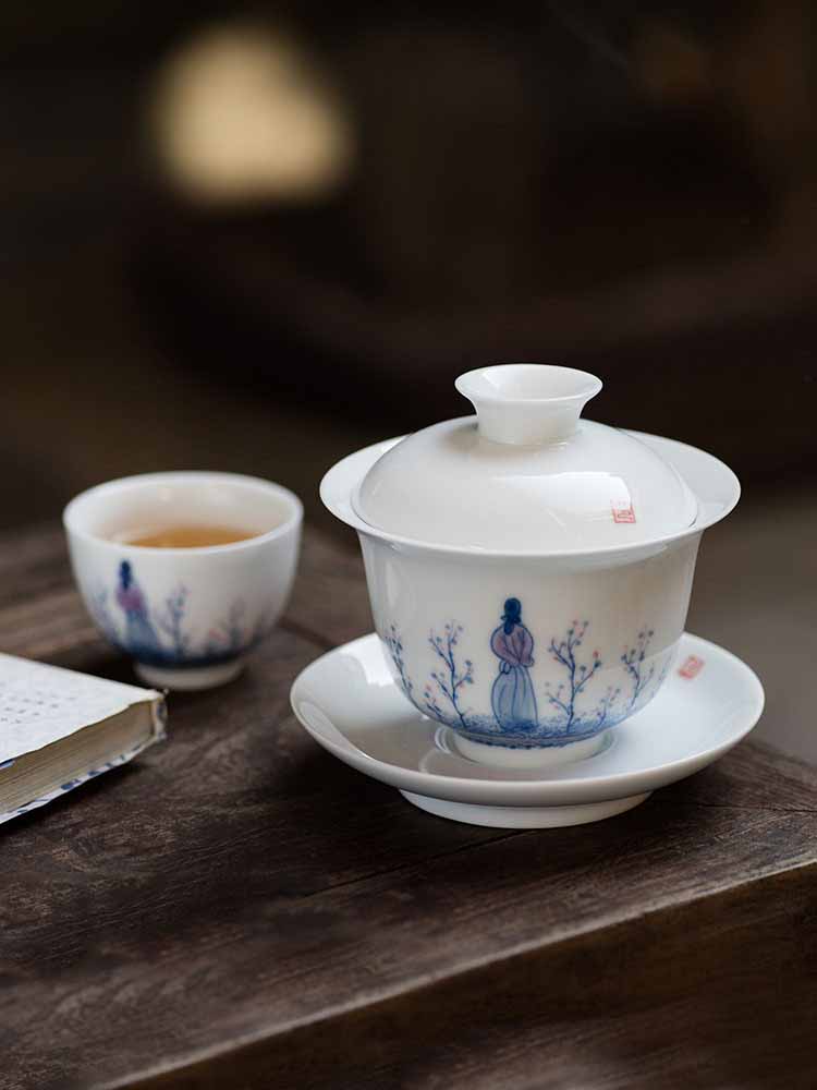 景德鎮手繪蓋碗茶杯人面桃花陶瓷茶具白瓷手工大號薄胎茶碗三才碗