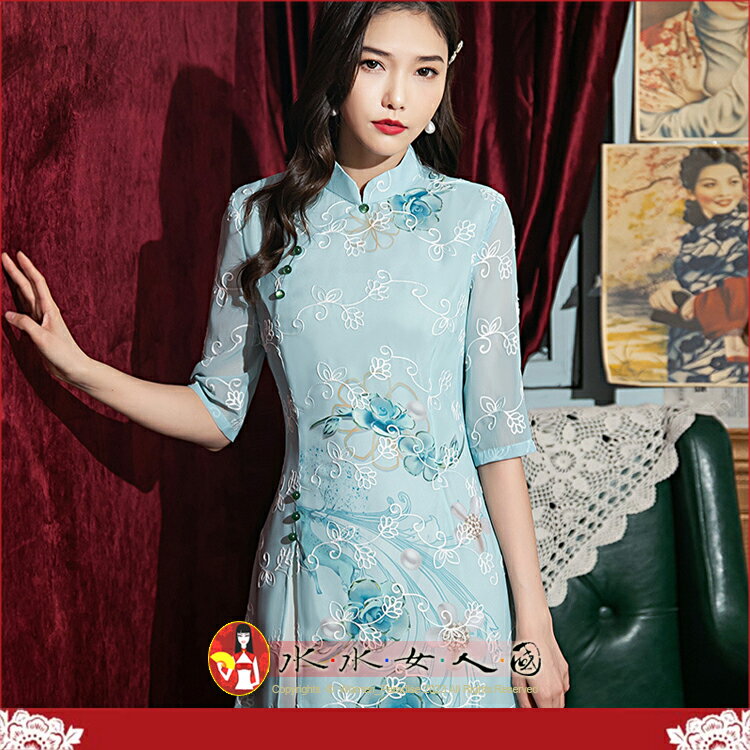 雪紡繡花七分袖旗袍 M-4XL加大 復古中國風經典改良式時尚修身超顯瘦A擺奧黛日常連身裙洋裝～美麗優雅風。小鹿(藍色)。水水女人國