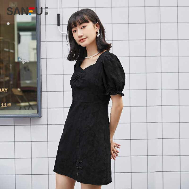 三福連衣裙夏季新款法式甜美復古方領收腰褶皺泡泡袖短裙子女