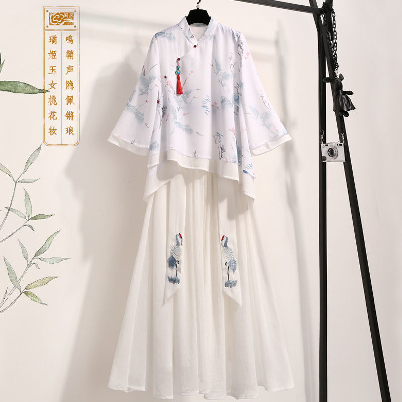 唐裝女中國風漢服大碼春夏裝胖mm改良旗袍式上衣連衣裙茶服兩件套