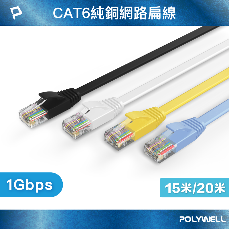 POLYWELL CAT6扁線 15米 20米 高速網路線 RJ45 福祿克認證 寶利威爾 台灣現貨【全館299免運＋領券再折】