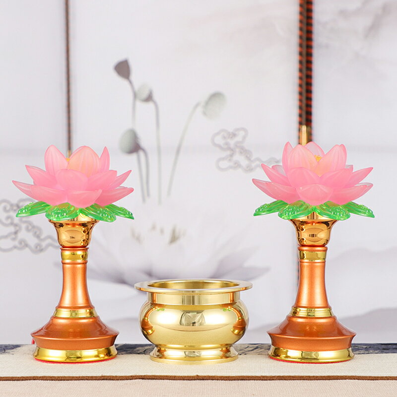 免運 純黃銅光身香爐素面蓮花燈及如意套裝中式佛具用品供奉電燭燈家用