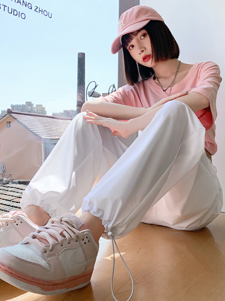 白色冰絲闊腿褲女寬松束腳夏季薄款防蚊燈籠速幹運動褲休閑涼涼褲