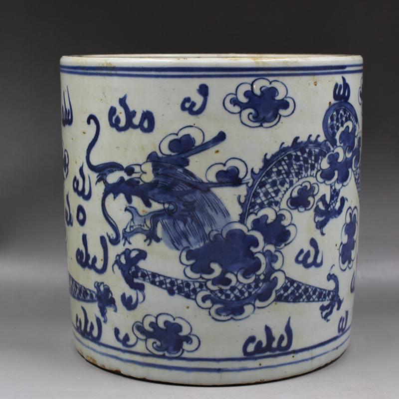 旧家蔵出『清 青花祥雲龍紋筆筒 康熙年製款 染付 共箱』