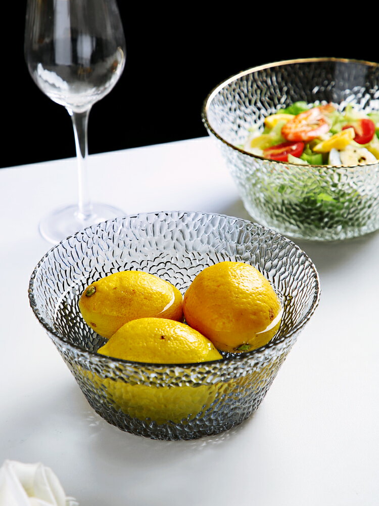 水果玻璃碗沙拉碗透明金邊大號家用錘紋餐具ins日式北歐湯碗燕窩