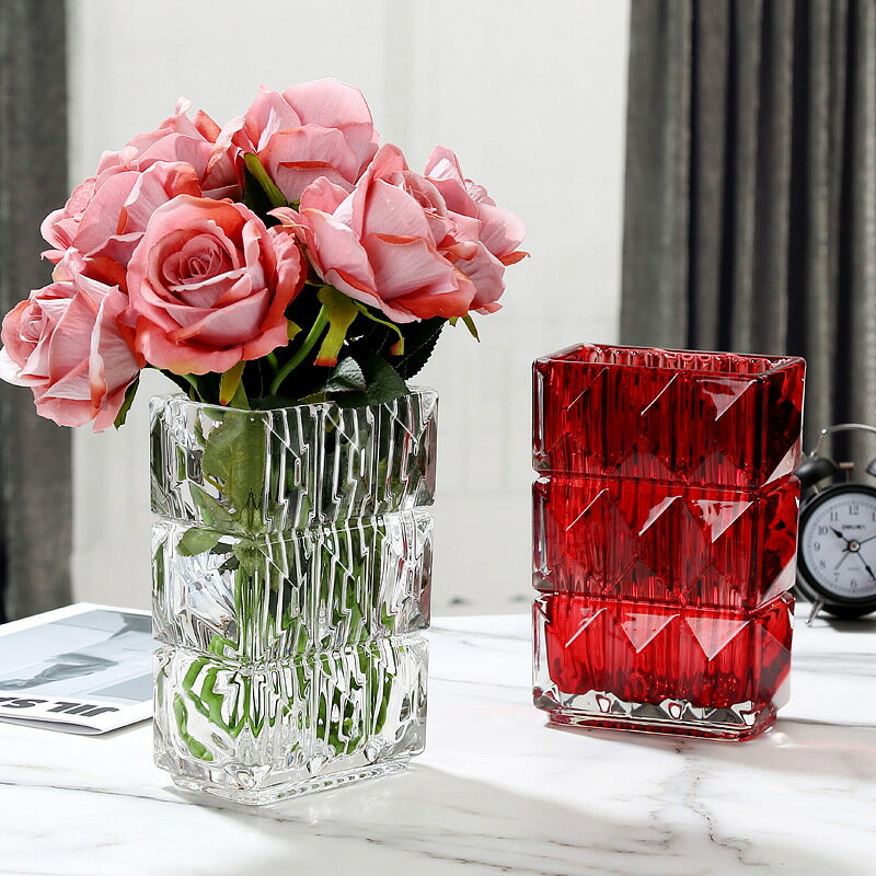 加厚方形精刻玻璃透明水養鮮花花瓶餐桌家居擺件軟裝飾