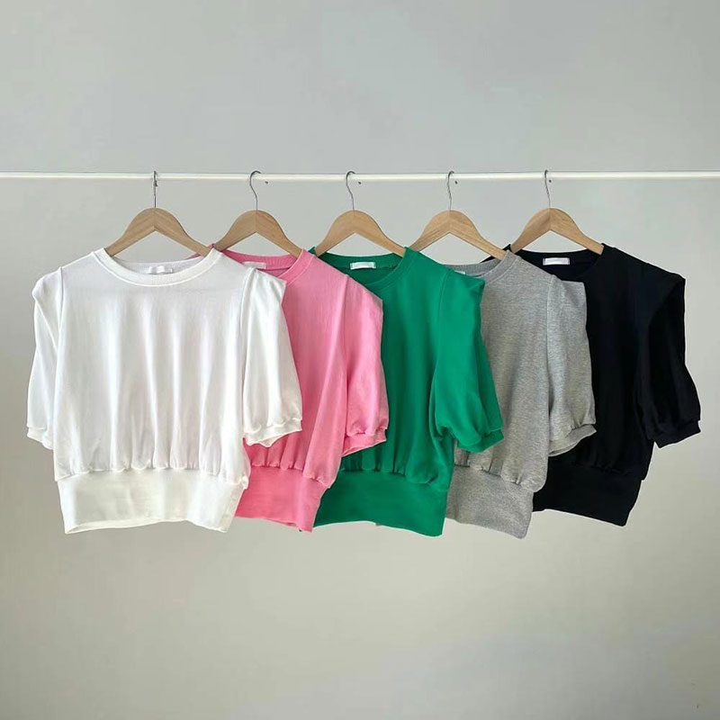 ANNAS 正韓墊肩造型短袖上衣 棉質短T 百搭素面顯瘦縮腰 韓國短袖T恤 4