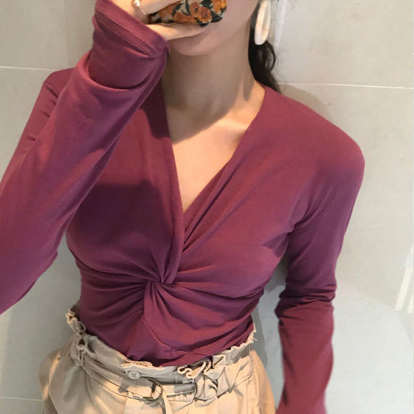 ANNA S. 樹莓紫 T 扭結 上衣 長袖 棉T 大胸 大奶 顯瘦 氣質 上班族 素面 特別 文青 韓國350