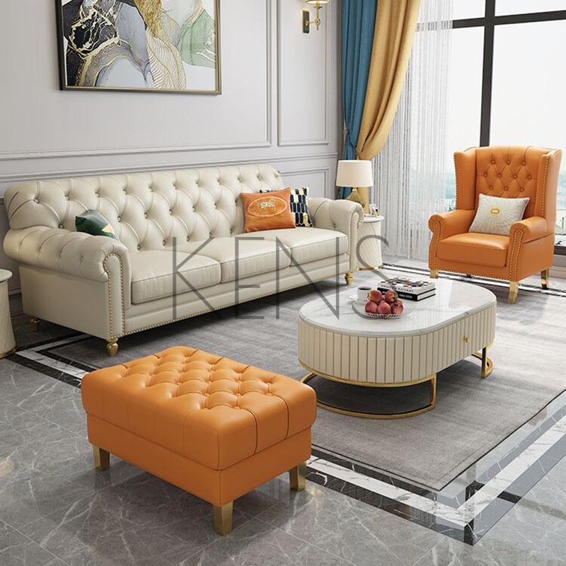 【KENS】沙發 沙發椅 美式輕奢真皮沙發頭層牛皮小戶型客廳現代簡約拉扣三人位組合家具