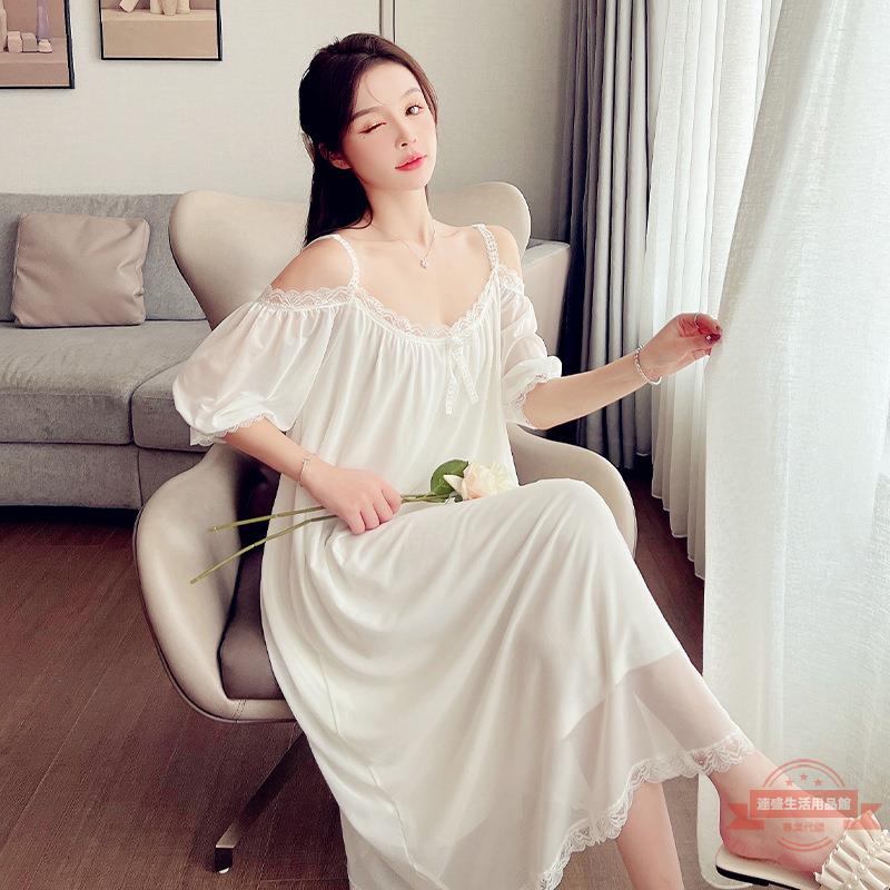 露肩睡裙女夏季網紅爆款甜美蕾絲網紗宮廷公主短袖睡衣家居服長裙