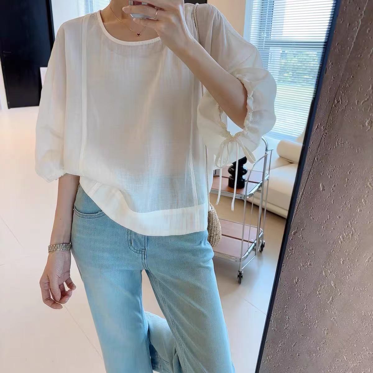 燈籠袖抽繩涼感棉麻衫-4色    【B393178】