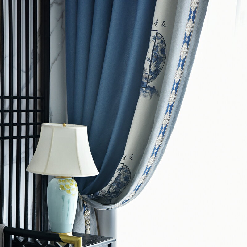 中式窗簾客廳新中式古典大氣羊絨棉麻提花遮光布落地飄窗成品定制