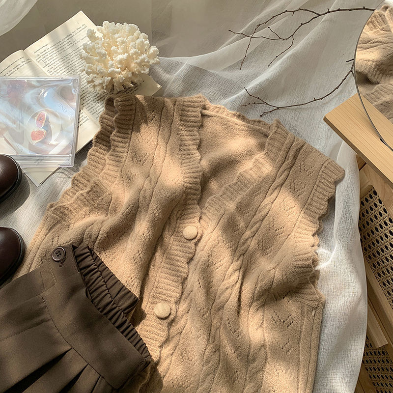 針織馬甲毛衣背心秋冬款氣質開衫外搭洋氣針織衫女復古慵懶風甜美坎肩【淘夢屋】