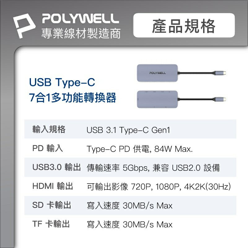 POLYWELL 7合1轉接器 type C 轉 HDMI  USB3.0 3孔 SD MicroSD讀卡器 2