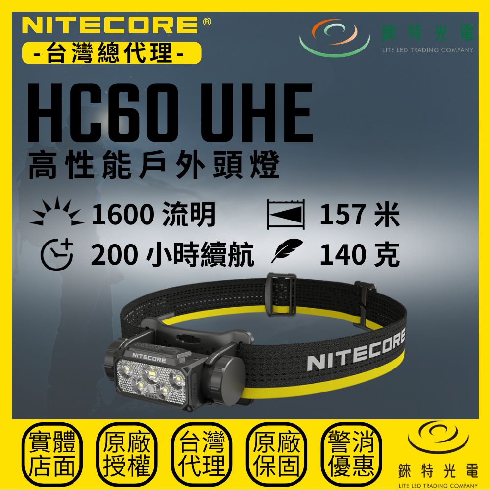 【錸特光電】NITECORE HC60 UHE 高性能戶外頭燈 1600流明 157米 紅白雙光源 可拆支架 附收納包