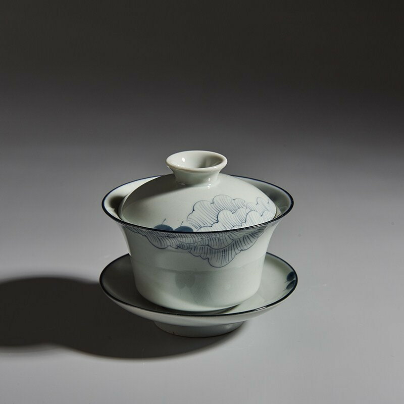 手繪芙蓉陶瓷蓋碗仿古青花泡茶杯子手工三才蓋碗喝茶碗敬茶杯茶具