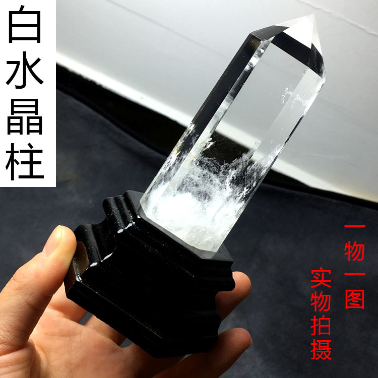 天然寶石白水晶柱子藍針單尖六稜頂樑柱消磁凈化招財鎮宅能量擺件
