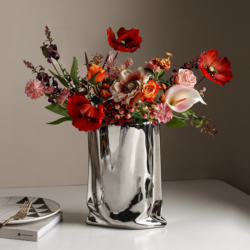 北歐風莫蘭迪花瓶干花擺件創意高級感電鍍銀色陶瓷花器樣板間裝飾