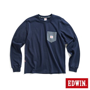 EDWIN 工裝直紋丹寧布拼貼口袋長袖T恤-男款 丈青色 #換季折扣