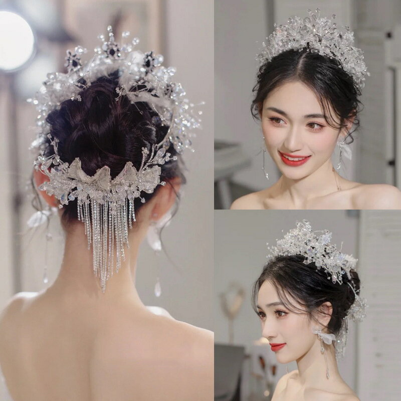 新娘結婚頭飾套裝亮晶晶髮箍髮飾後腦區盤發髮夾重手工婚紗照造型