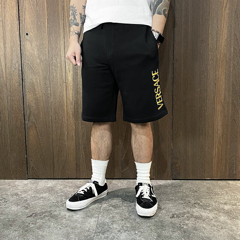 美國百分百【全新真品】Versace Jeans 凡賽斯 短褲 棉質 刷毛 男款 VJ 短棉褲 logo 黑色 DC03