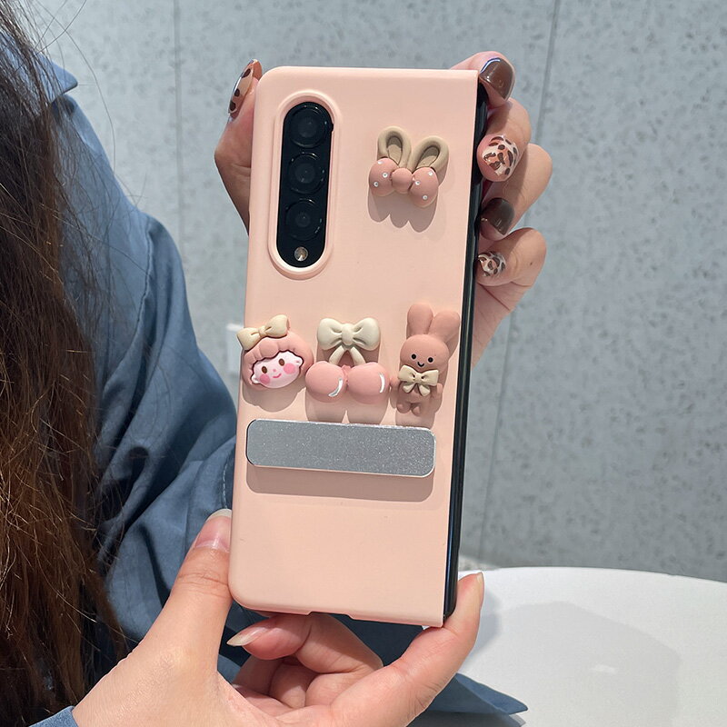 櫻桃粉適用三星w22折疊屏galaxy手機殼zfold3磨砂保護套fold2親膚創意w21折疊支架w20少女粉全包可愛卡通外殼