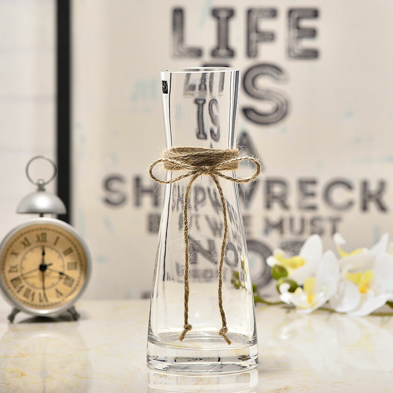 北歐創意束腰玻璃花瓶 麻繩蝴蝶結透明水培容器客廳清新花插擺件