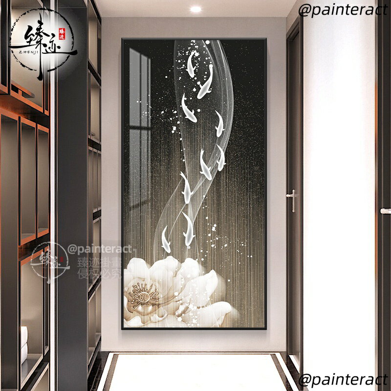 年年有餘 輕奢入戶玄關裝飾畫 晶瓷豎走廊過道抽象掛畫 客廳盡頭壁畫 高檔晶瓷畫 客廳有框畫【臻跡掛畫/免運/快速出貨/訂