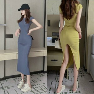 韓國夏季短袖性感長裙緊身收腰修身開叉莫代爾高級感氣質連衣裙女