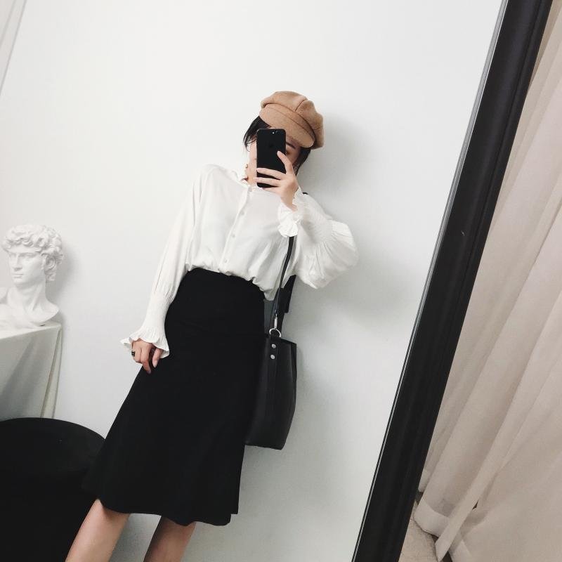 FINDSENSE品牌 秋季 新款 韓國原裝 女 甜美 泡泡袖 寬鬆襯衣+氣質 高腰 抹胸半身裙 兩件套 潮流 套裝