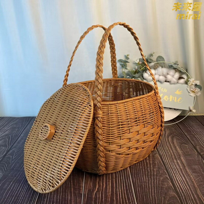 【田園風編織】藤編菜籃子 野餐籃 水果籃 收納籃 花籃 購物籃 手工編織 大容量 便攜提手 戶外採摘 家居收納