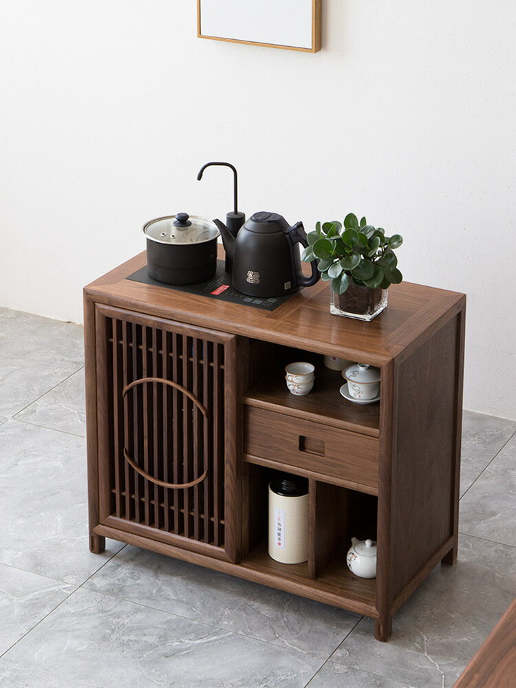 新中式實木茶水櫃 黑胡桃木置物架家用茶室燒水櫃 茶水臺茶邊櫃 家具