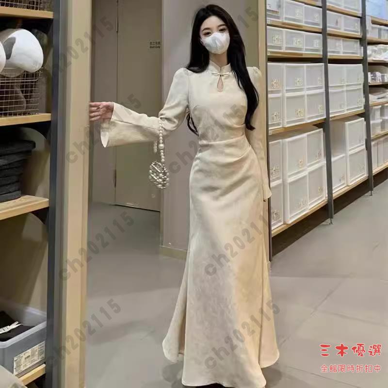 旗袍 秋冬洋裝 古風 尾牙禮服 大碼法式高階感旗袍連衣裙女秋款赫本風小黑裙胖mm收腰垂墜感裙子長袖洋裝