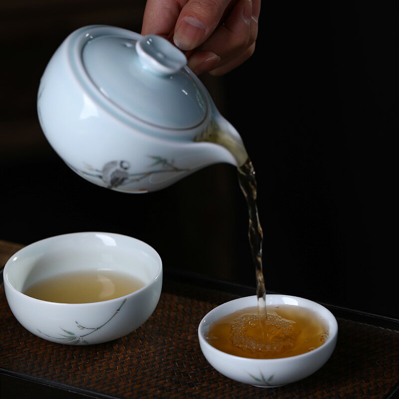 景德鎮陶瓷快客杯一壺二杯側把茶壺茶杯簡易功夫茶具套裝旅行便攜