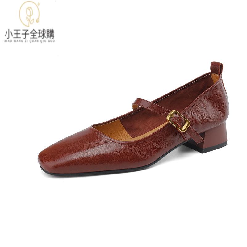 【公司現貨速發】免運 開發票 小短靴 堆堆靴 真皮女鞋 羊皮鞋 小皮鞋 樂福鞋方頭淺口低粗跟瑪麗珍單鞋秋手抓紋水晶羊皮一字帶裡外全皮 定製