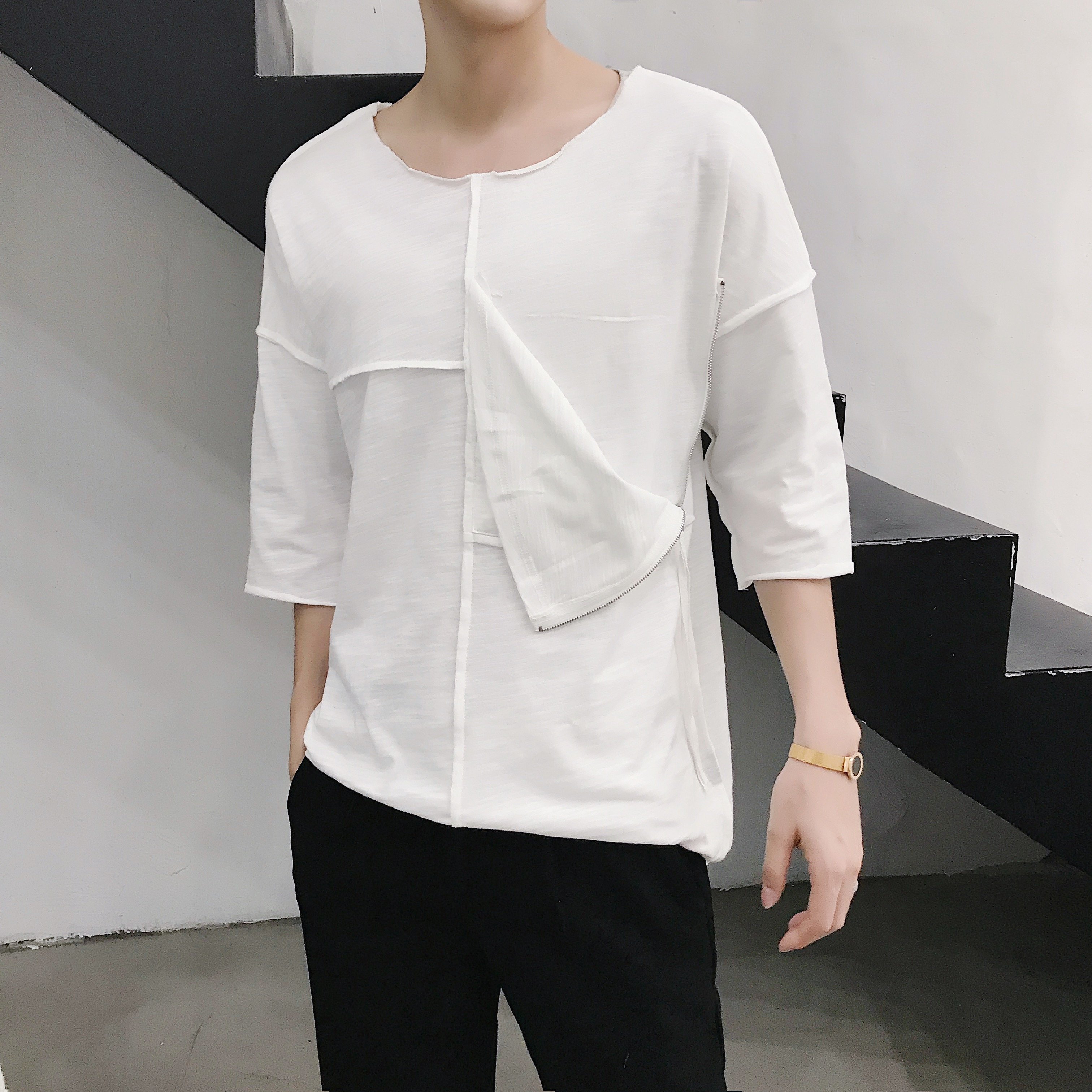 FINDSENSE H1 2018 夏季 新款 個性純色 大口袋拉鏈 設計 百搭 薄款短袖 寬鬆 T恤 潮流 時尚 男