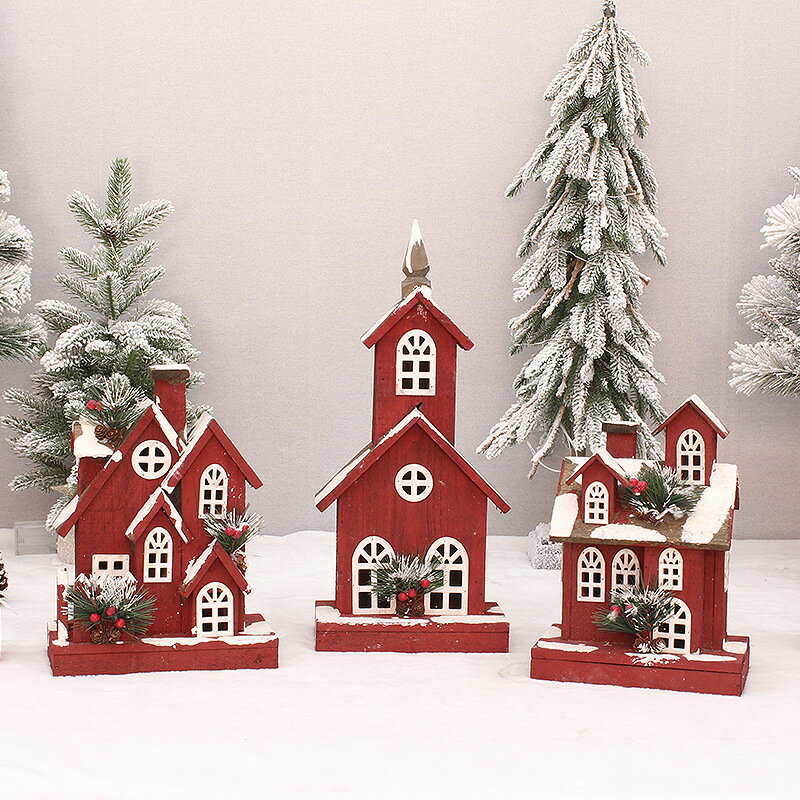 圣誕新產品木質紅色發光小木屋雪屋房子節日裝飾用品場景布置擺件