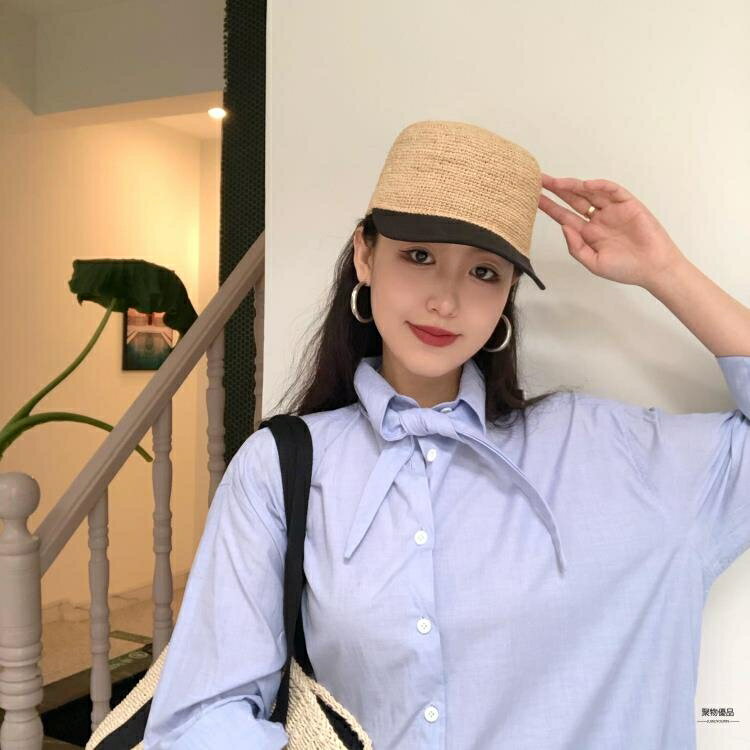 草帽女韓版小清新小眾個性出游系帶蝴蝶結草編鴨舌帽【聚物優品】