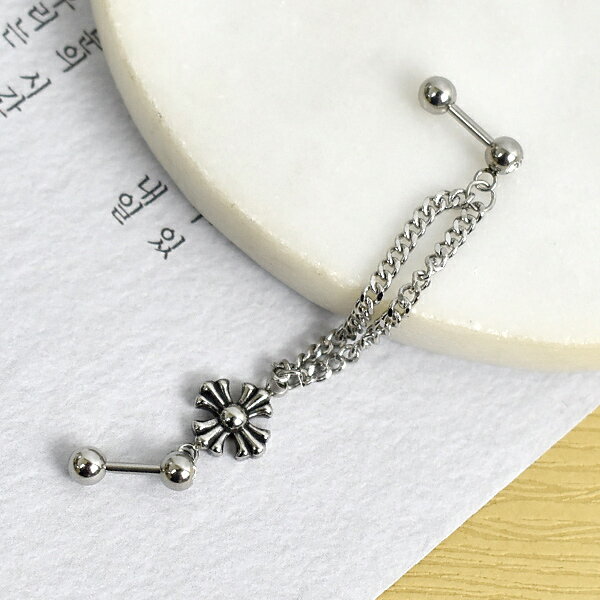 男生耳環 雙鍊十字花鋼製水鑽雙耳針【ND849】