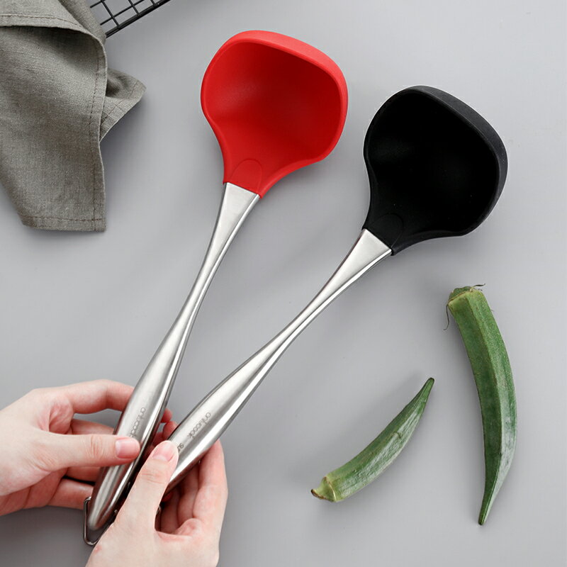 onlycook 家用304不銹鋼矽膠湯勺湯瓢 廚房盛湯大號勺子長柄湯殼