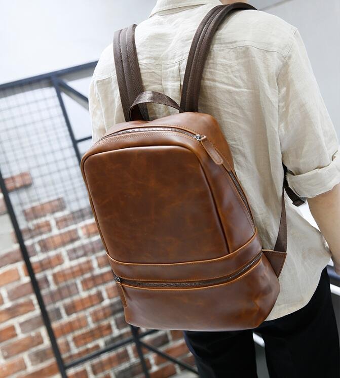FINDSENSE Z1 韓國 時尚 潮 男 皮質 咖啡色 學生包 書包 電腦包 旅行包 後背包 雙肩包