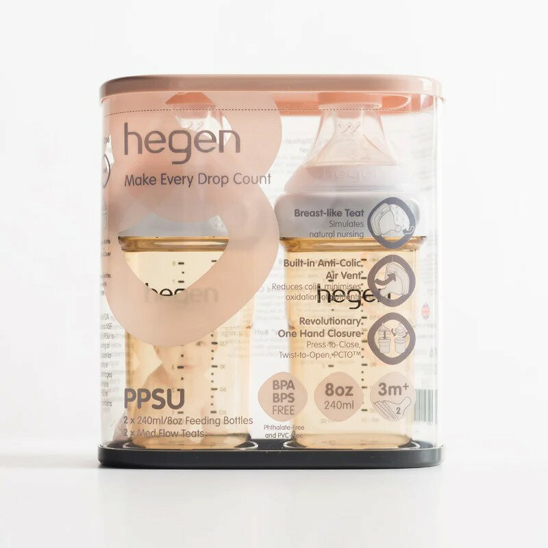 新加坡 hegen 小金奶瓶/金色奇蹟PPSU多功能方圓型寬口奶瓶240ml (雙瓶組)象牙白★衛立兒生活館★