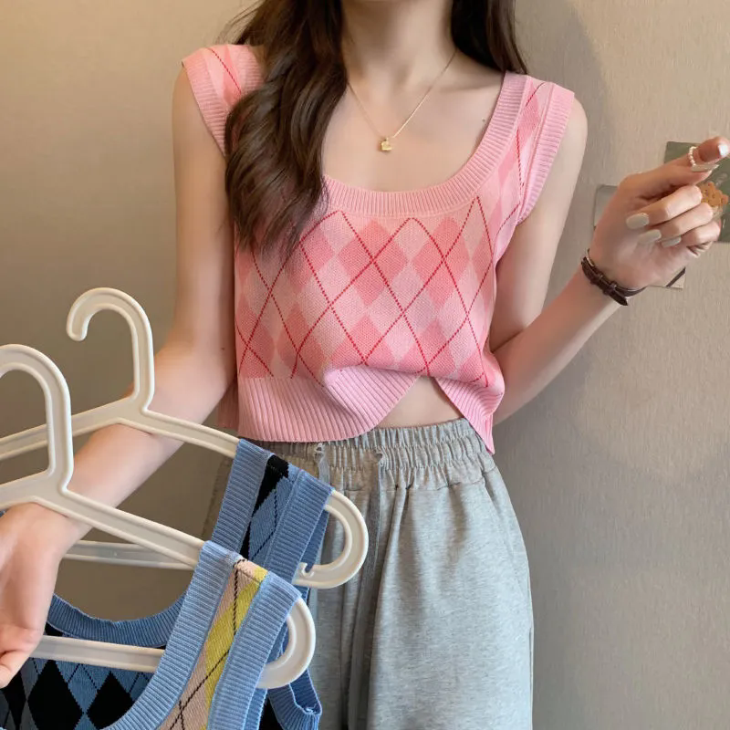 女士背心 小可愛 針織菱格背心 百搭短款小背心 女裝顯瘦吊帶 外穿內搭上衣 女生背心【不二雜貨】