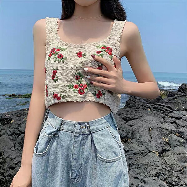 小花 刺繡 針織 背心 短版 毛線 編織 上衣 性感 獨特 韓國 ANNA S.390