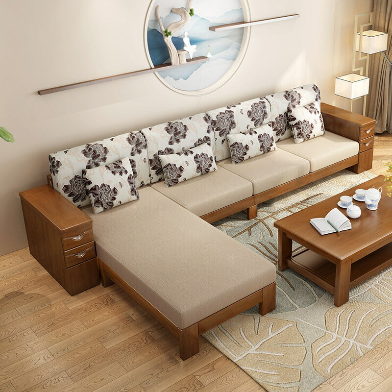 楓林宜居 全實木客廳沙發組合七字形轉角中式木布沙發茶幾電視柜橡膠木家具