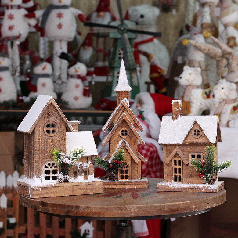 小木屋圣誕裝飾用品圣誕發光雪房子圣誕木質雪屋圣誕場景布置擺件