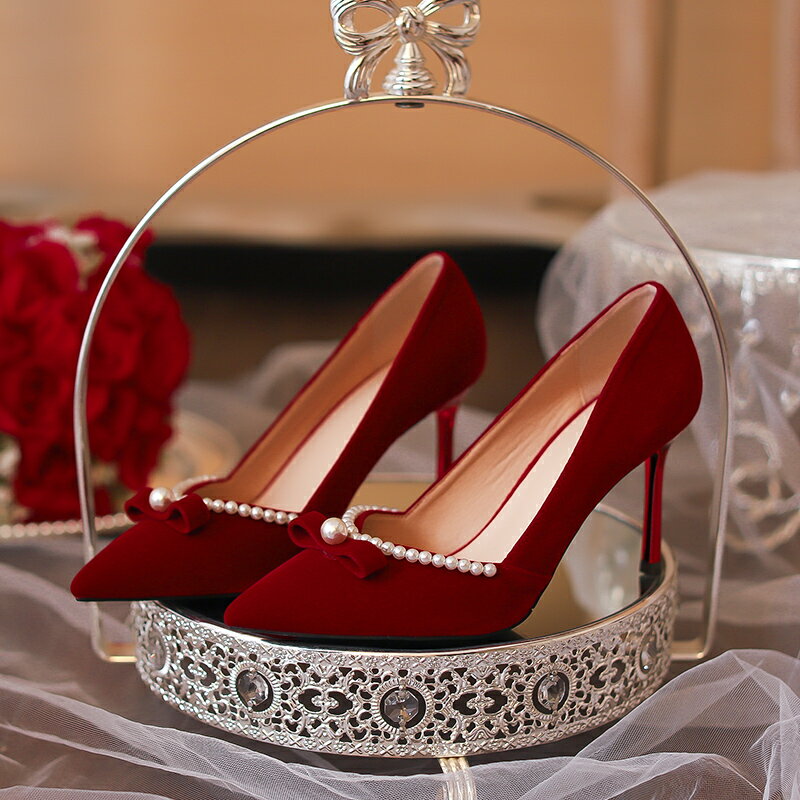 法式婚紗兩穿婚鞋女新娘鞋細跟鞋珍珠紅色高跟鞋【木屋雜貨】